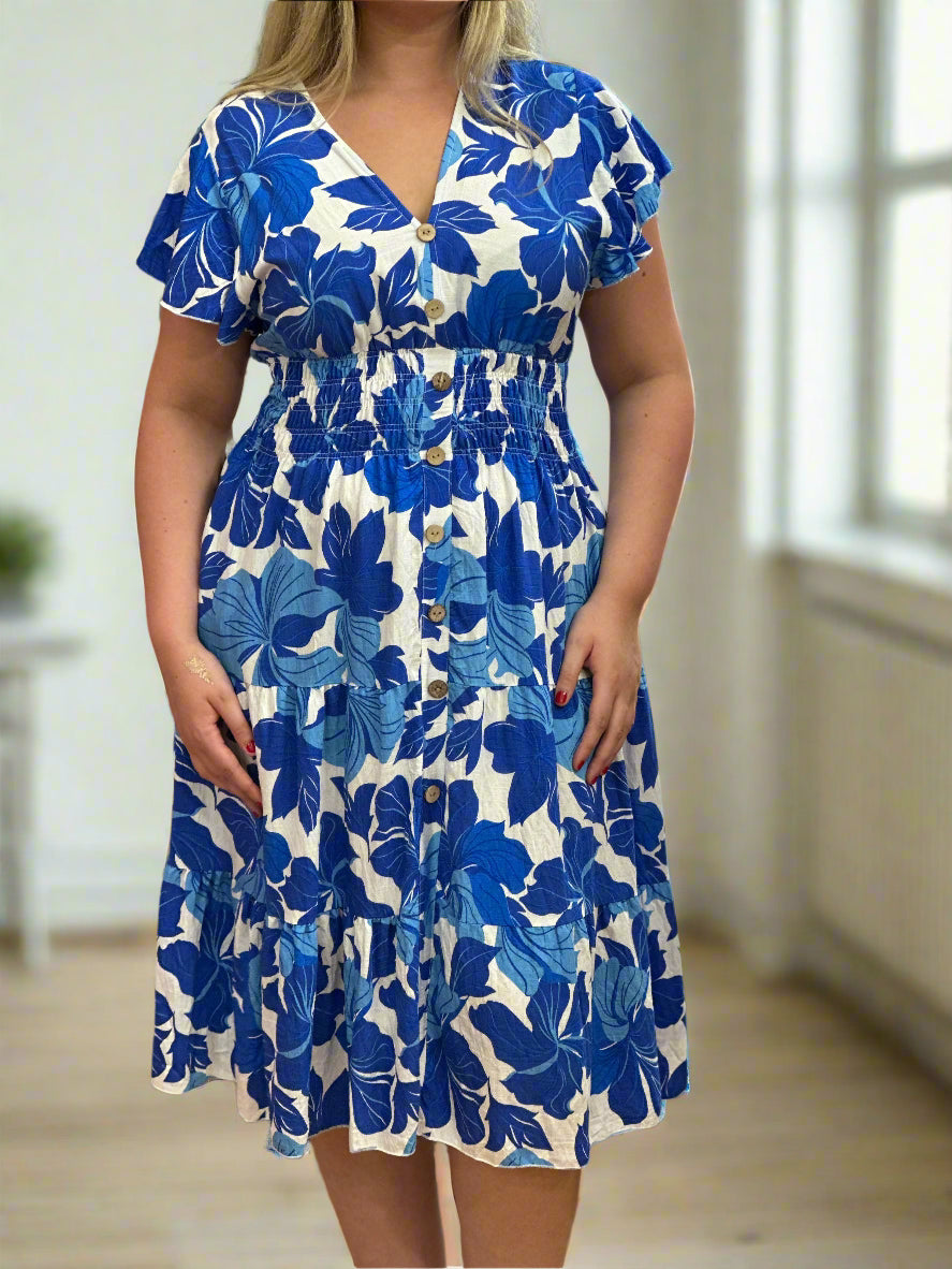 KEELY-BUTTON DETAIL PRINT MIDI DRESS -
