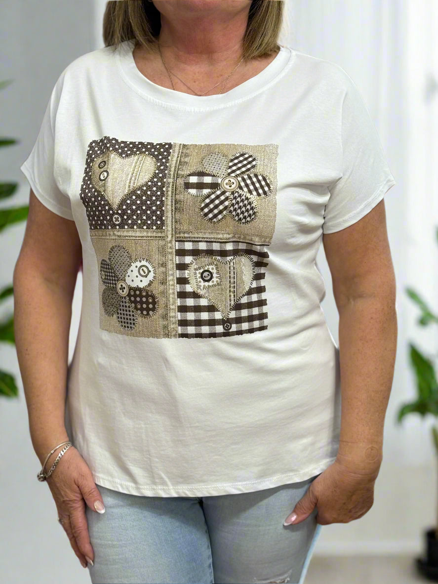 CALIPSO-PATCH HEARTS & FLOWER TEE