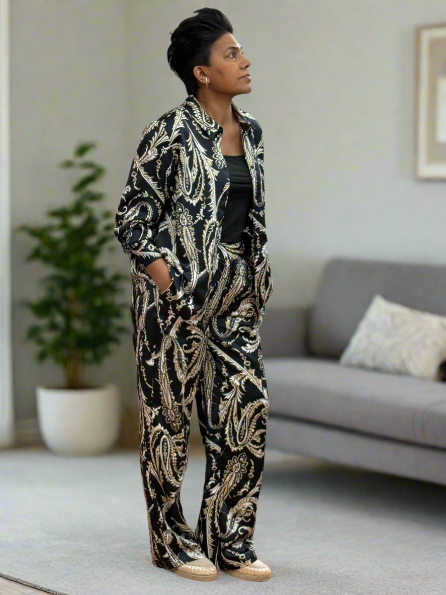 BYOUNG-FLAIR PRINT SILKY SHIRT-CO-ORD