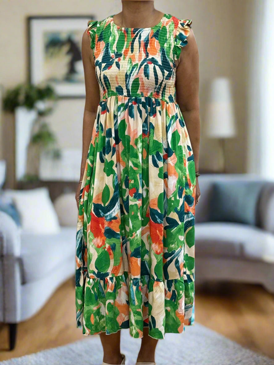KASEY-PRINTED ROUCHED TOP MIDI DRESS