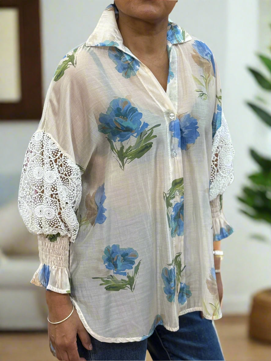 VESTA-SHEER LACE SLEEVE SHIRT