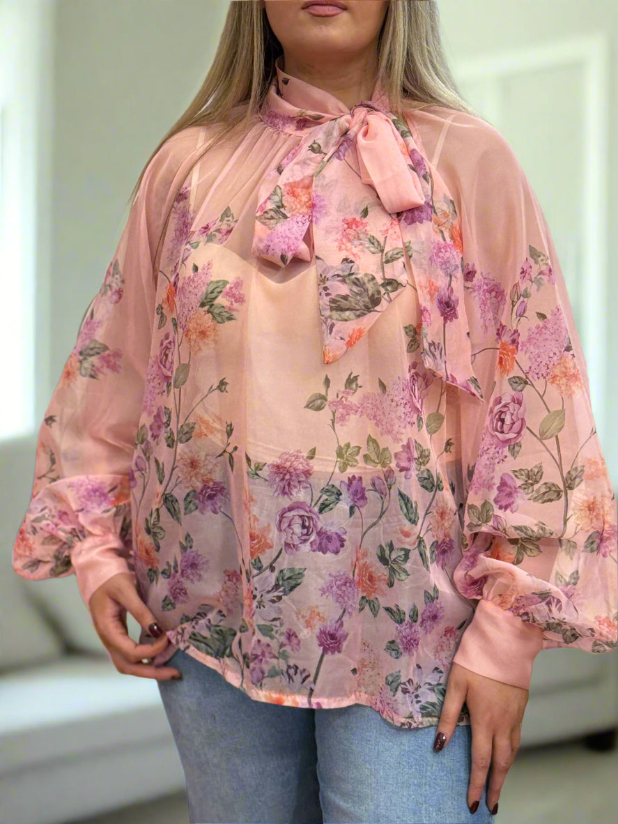 STORM - TIE NECK PRINTED SHEER TOP