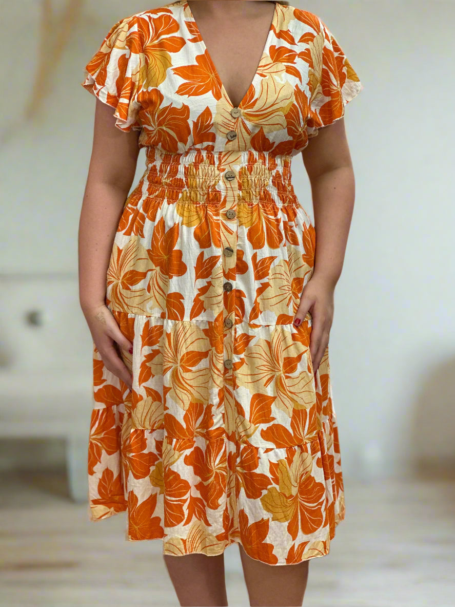 KEELY-BUTTON DETAIL PRINT MIDI DRESS -