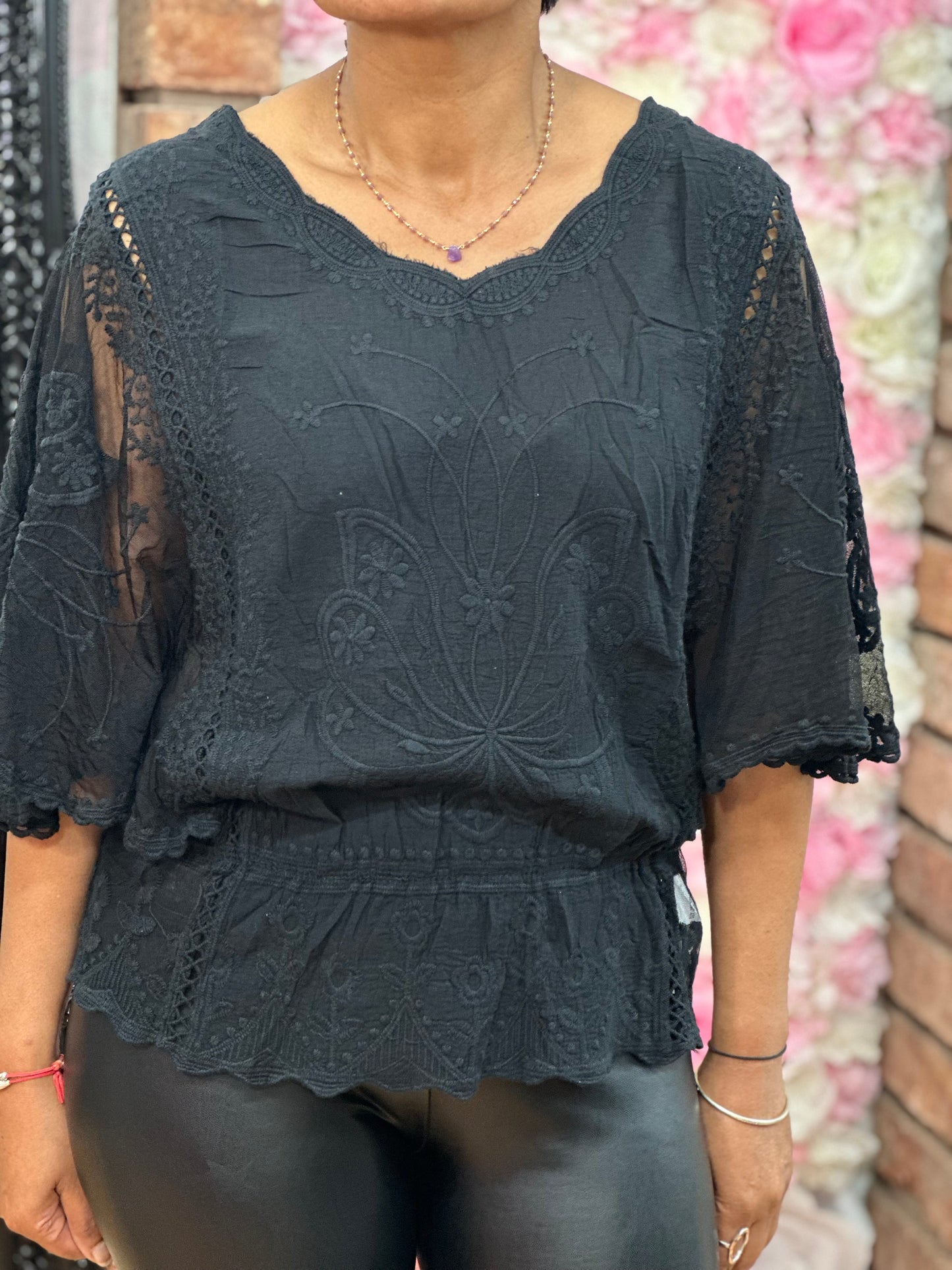 BUTTERFLY EMB MESH TOP