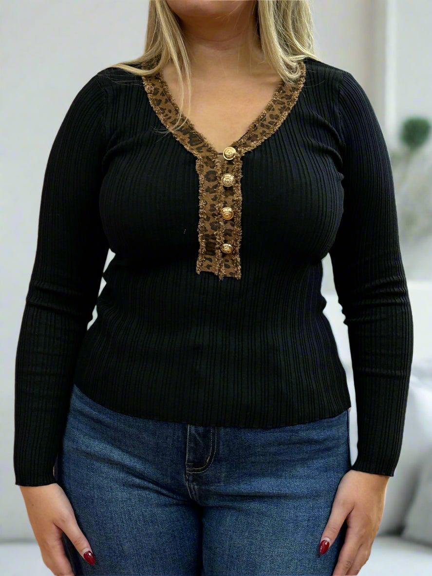 RIO- LEOPARD TRIM KNIT TOP