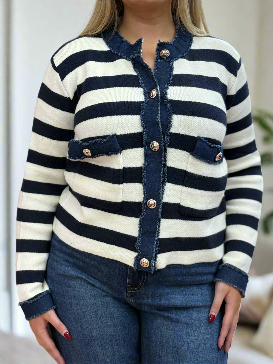 ANNIE- STRIPE DENIM TRIM KNIT JKT