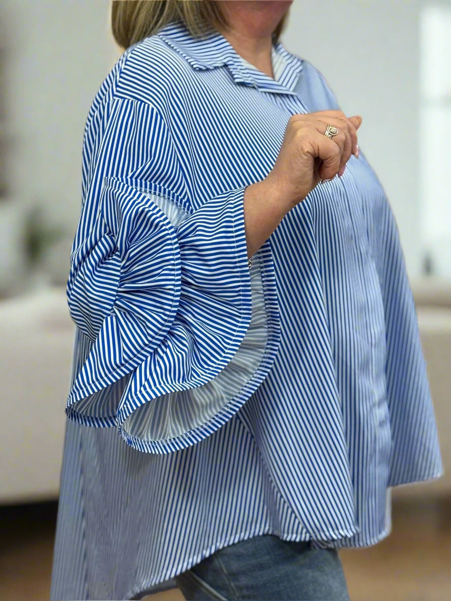 CALVIN- RUFFLE SLEEVE PINSTRIPE SHIRT