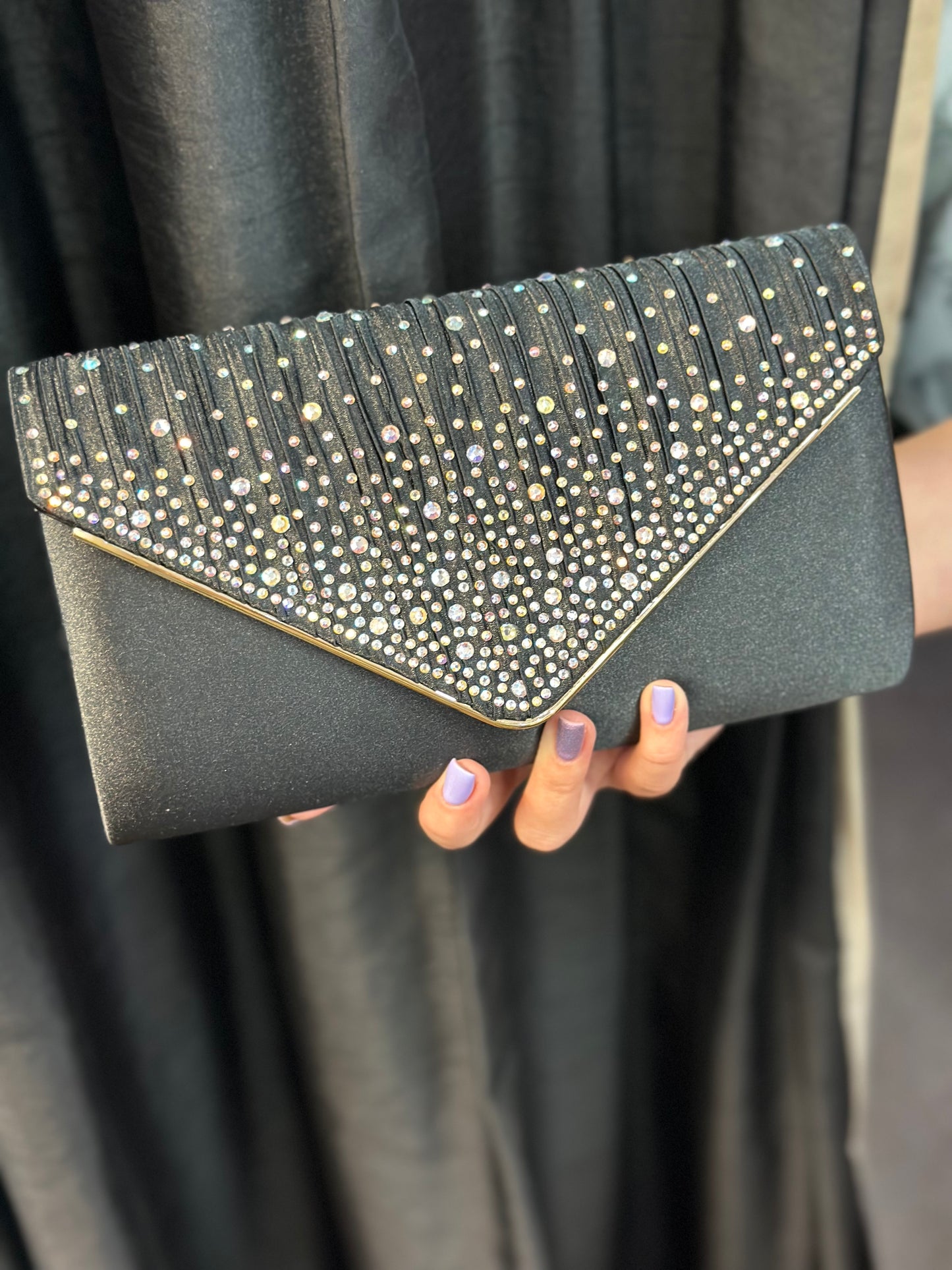 IRREDESCENT STONES SATIN CLUTCH