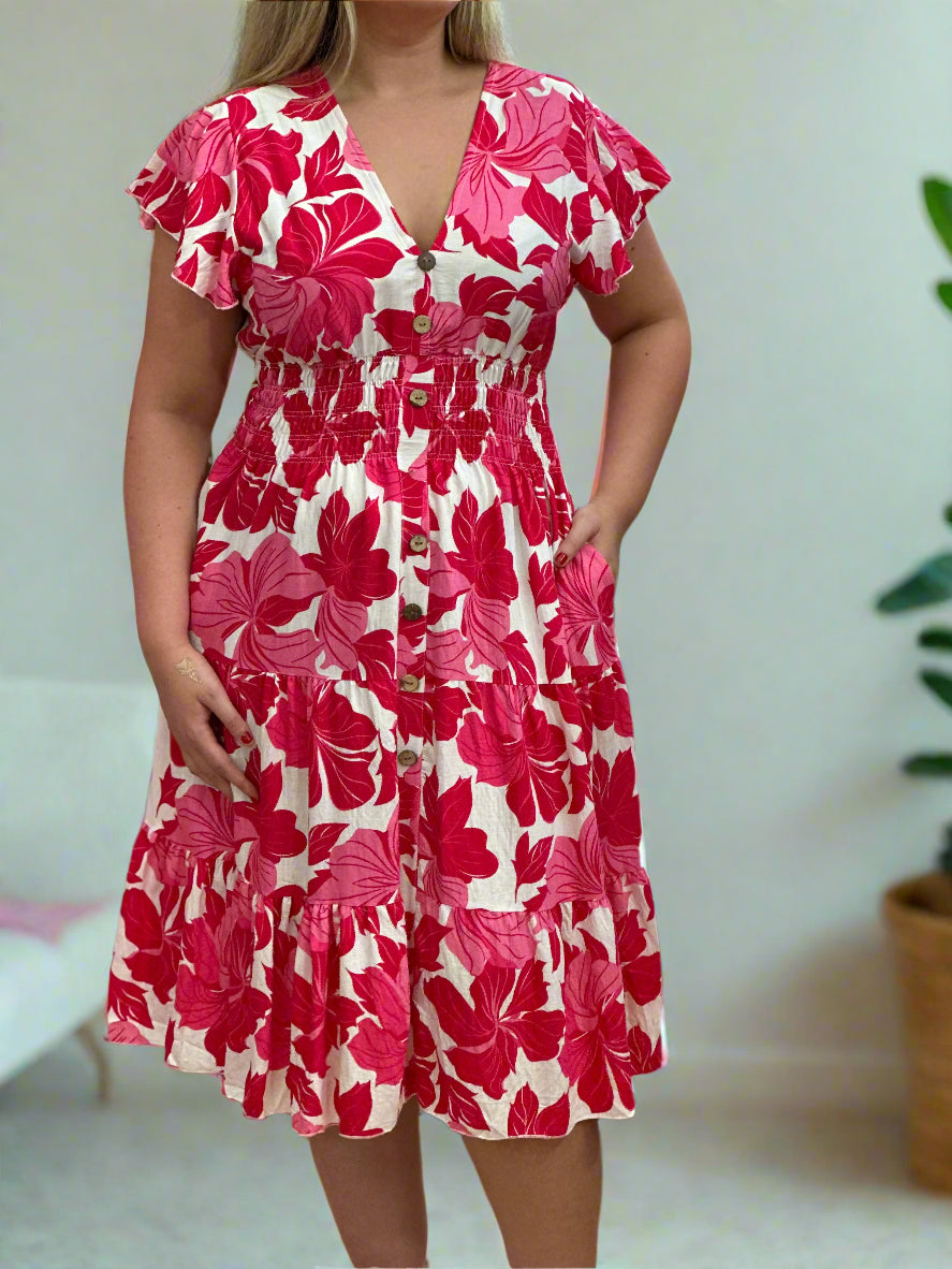 KEELY-BUTTON DETAIL PRINT MIDI DRESS -