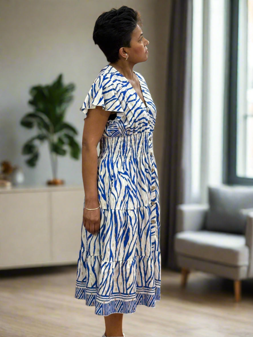 KEELY-BUTTON DETAIL PRINT MIDI DRESS