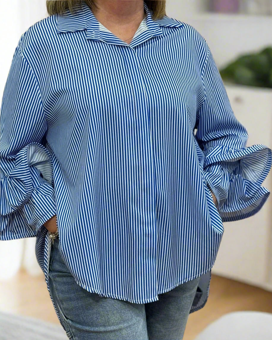 CALVIN- RUFFLE SLEEVE PINSTRIPE SHIRT