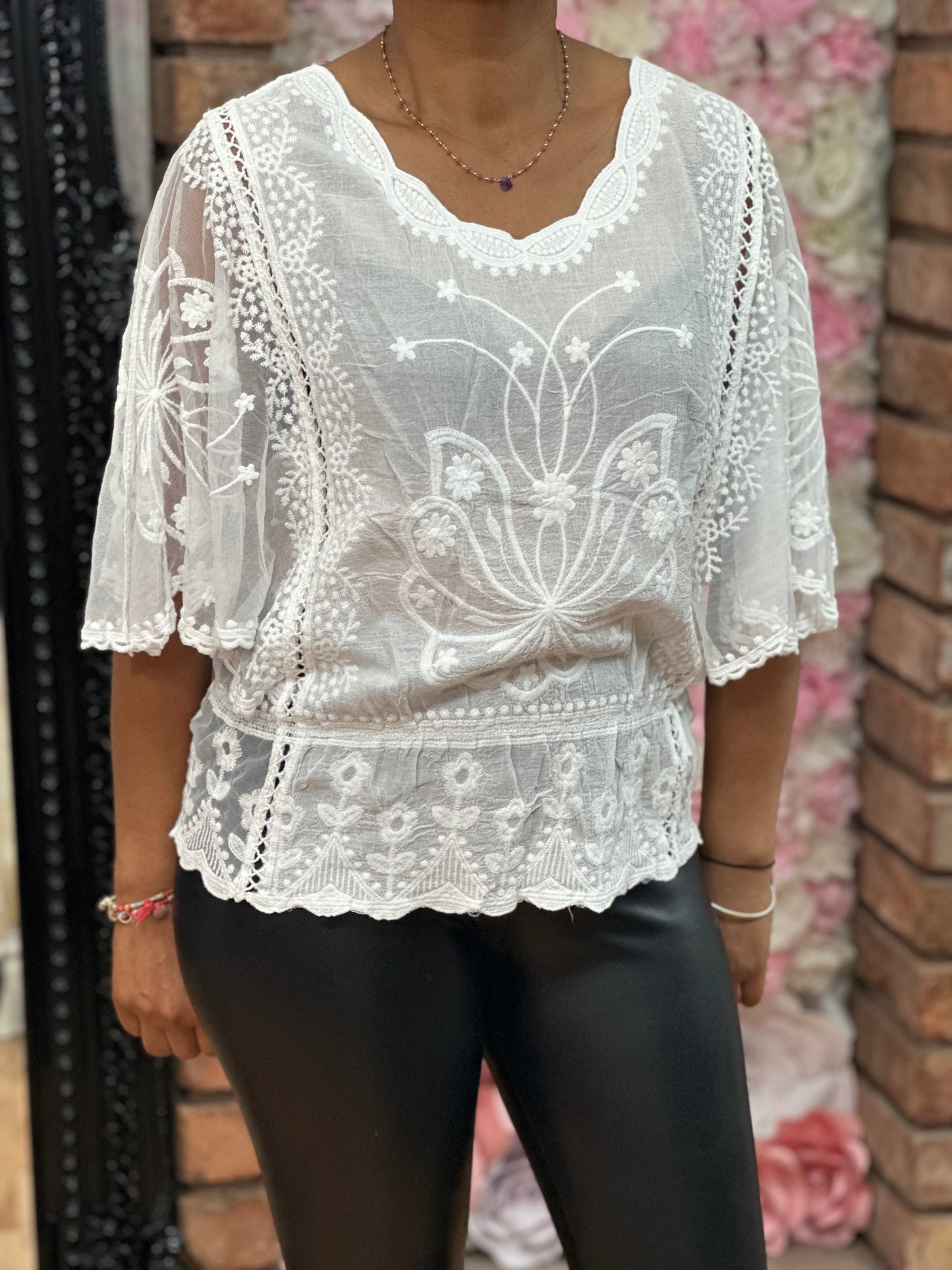 BUTTERFLY EMB MESH TOP