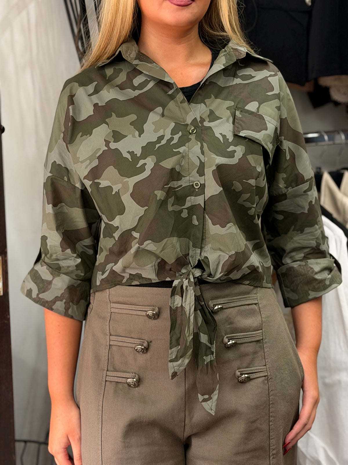 EMBER- CAMO CROPPED TIE FRONT L/SLV SHIRT- fits 8-12/14