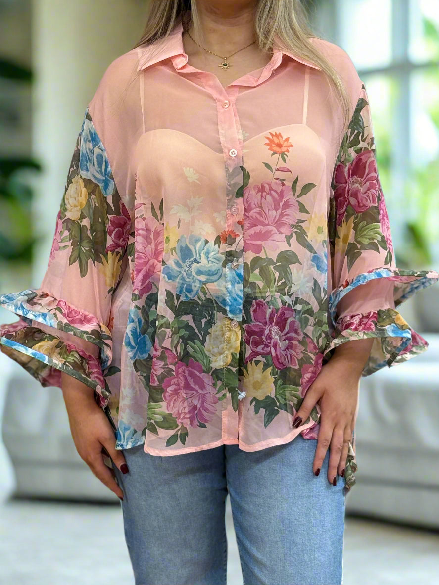 THUNDER - SHEER FRILL SLEEVE SHIRT BLOUSE