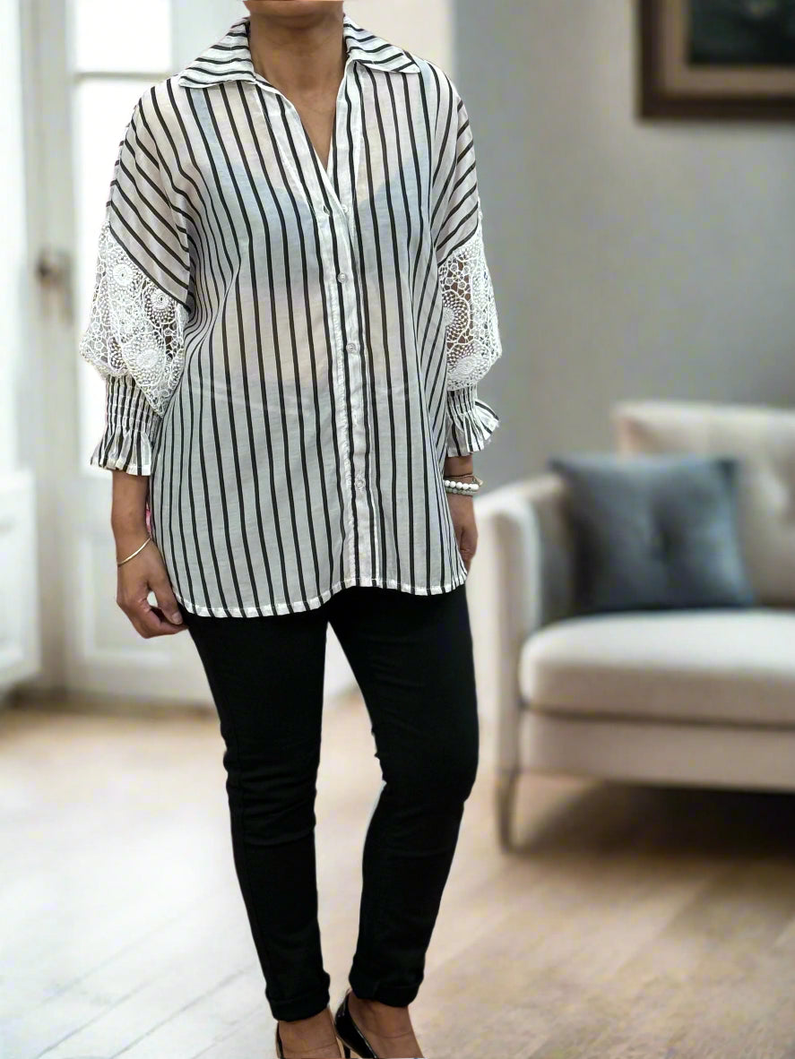 VESTA-SHEER LACE SLEEVE SHIRT