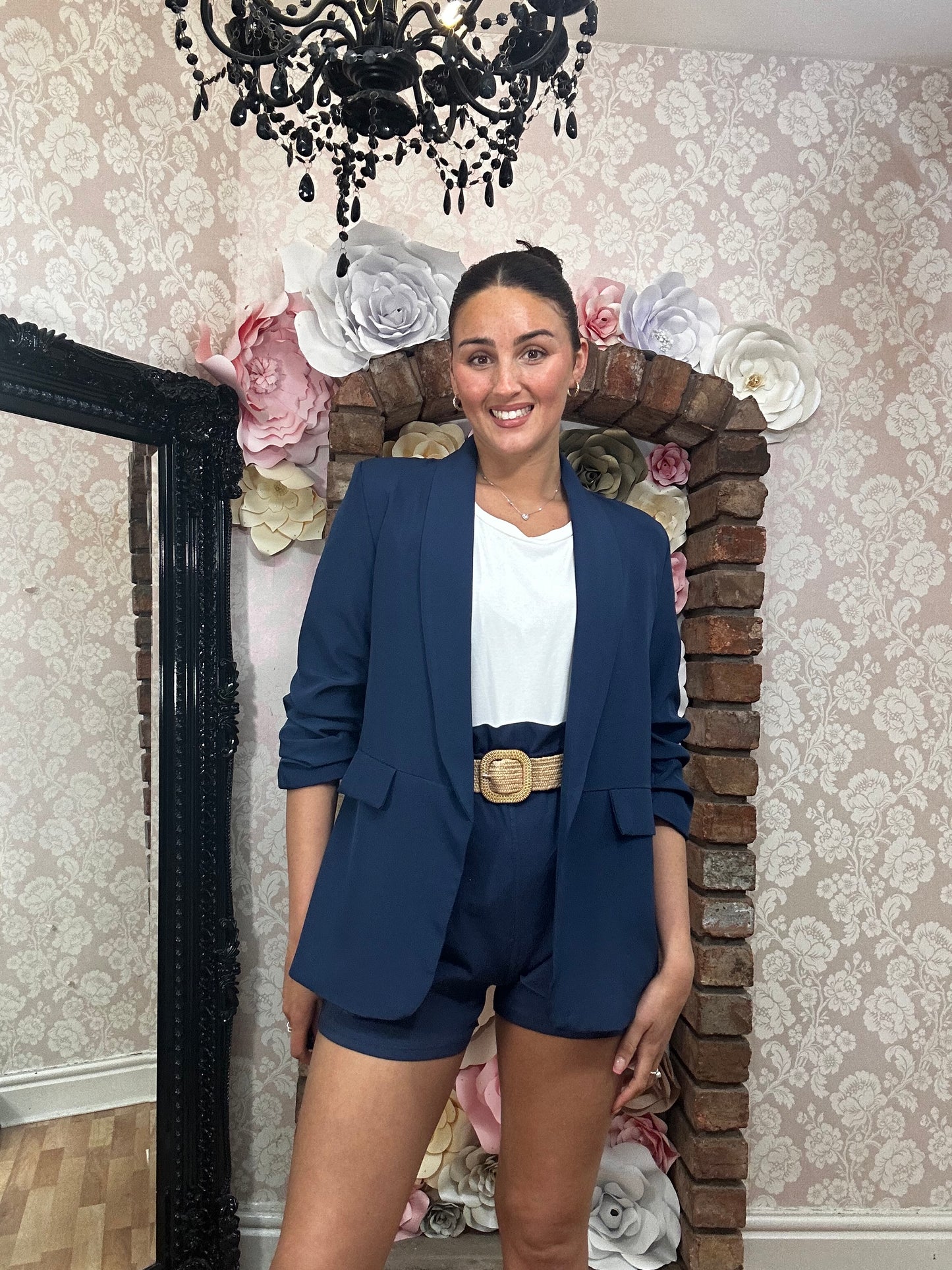MIMI RUCHED SLEEVE BLAZER- NAVY -
