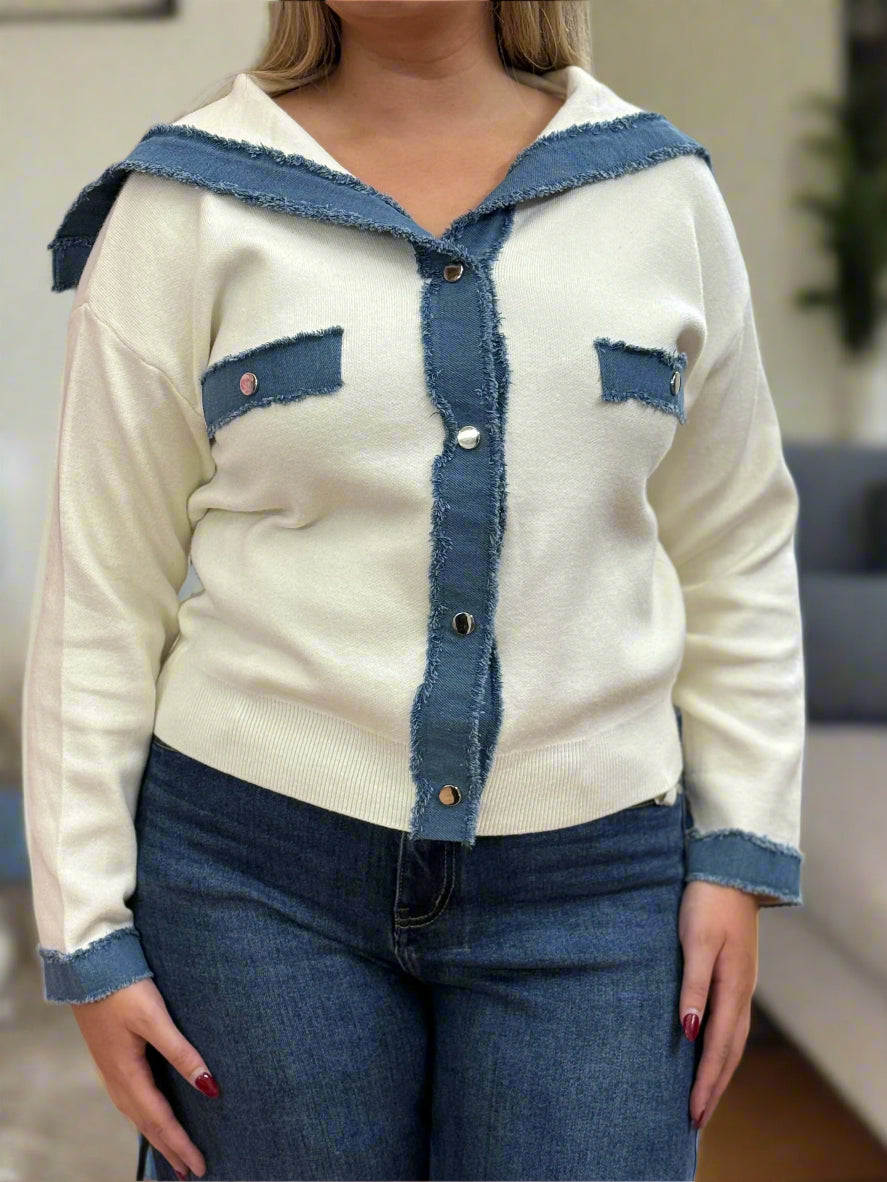PRESLEY- DENIM TRIM COLLAR KNIT JKT