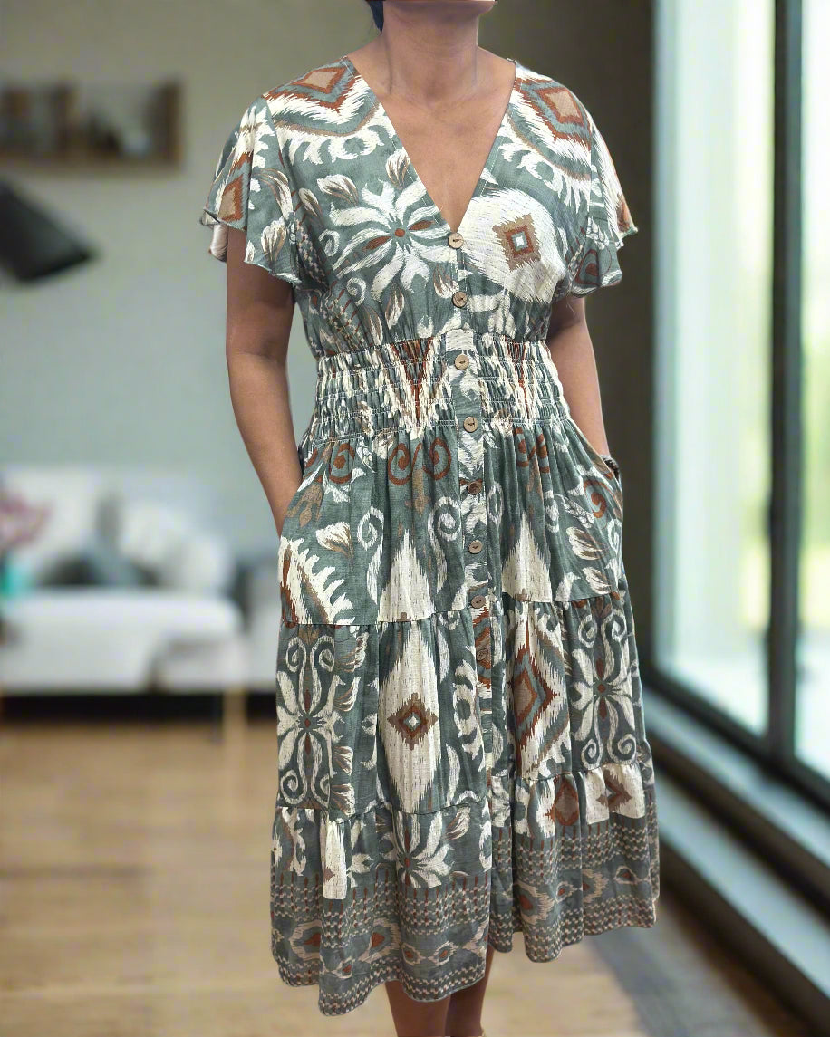 KEELY-BUTTON DETAIL PRINT MIDI DRESS -