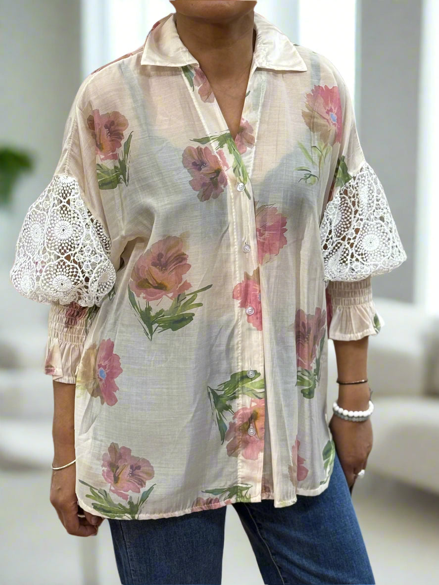 VESTA-SHEER LACE SLEEVE SHIRT