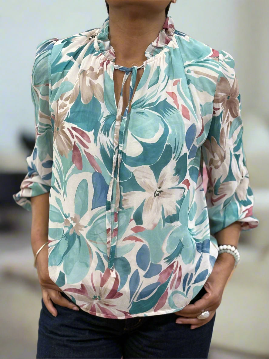 LACEY-FRILL NECK TIE PRINT TOP