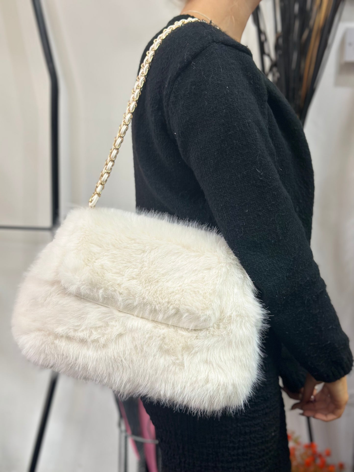 ROSA CHAIN STRAP LARGE FAUX FUR SHOULDER BAG