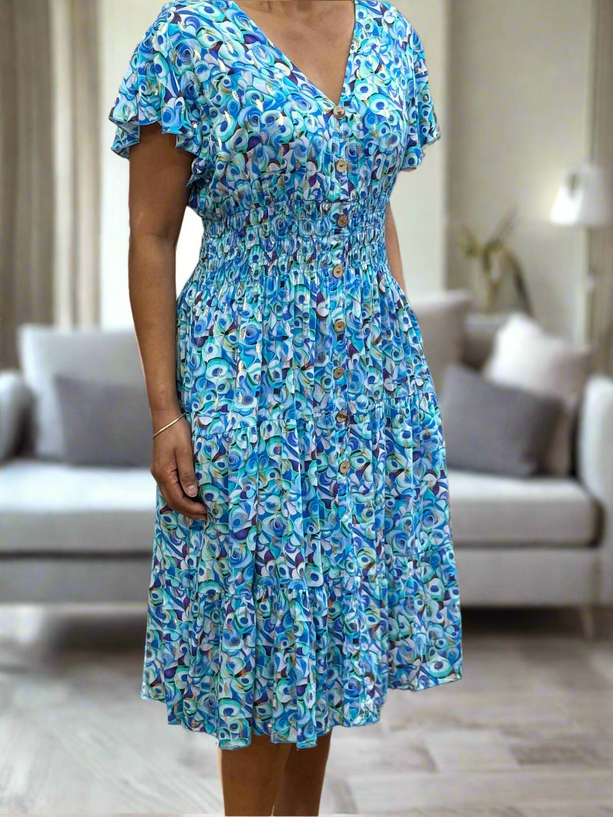 KEELY-BUTTON DETAIL PRINT MIDI DRESS