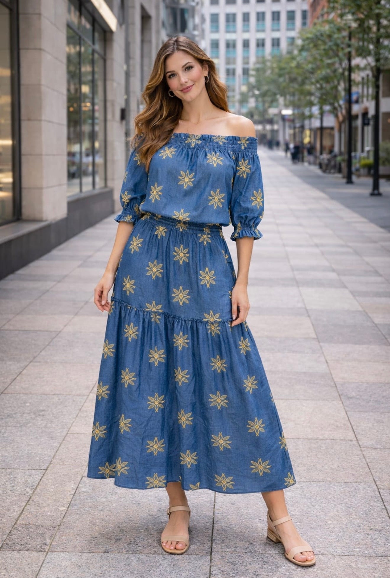 RAINA-GOLD EMB DENIM LOOK GYPSY SKIRT