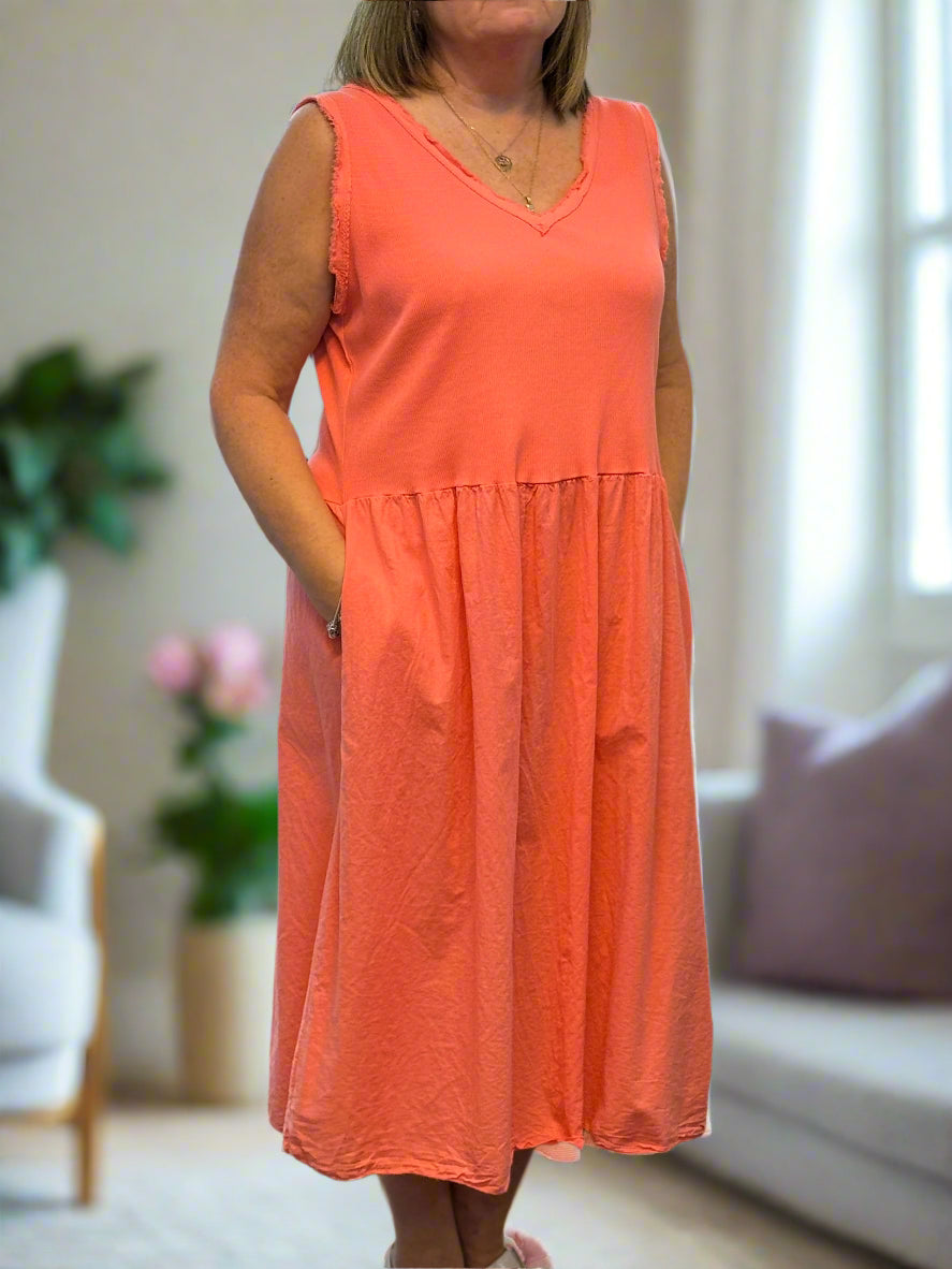 LOUISA -V SLEEVELESS RIB COTTON DRESS-CURVE