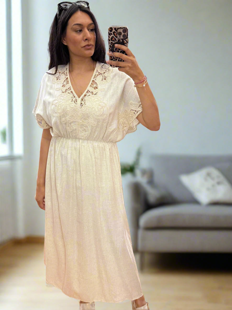 FAE- LINEN LOOK EMB DETAIL DRESS