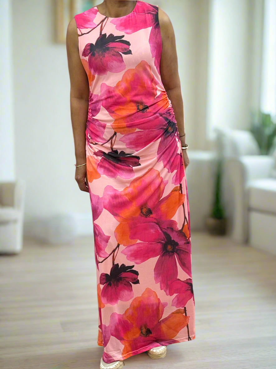 JULIA MESH RUCHED FLORAL DRESS