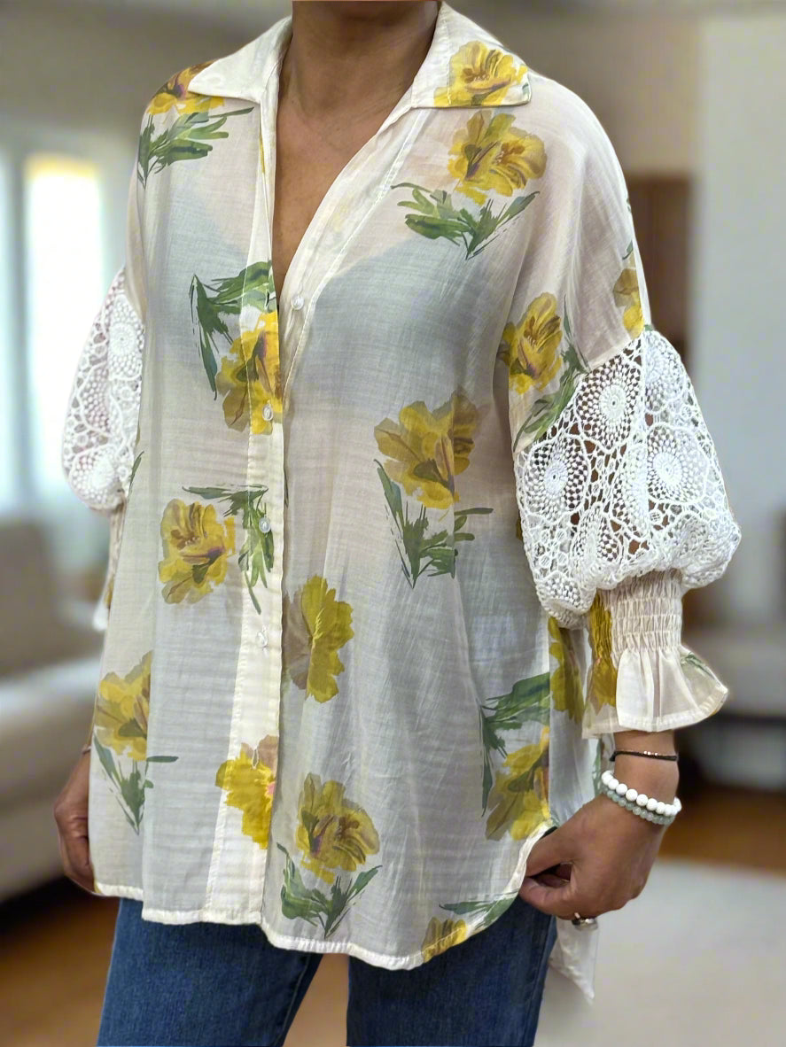 VESTA-SHEER LACE SLEEVE SHIRT