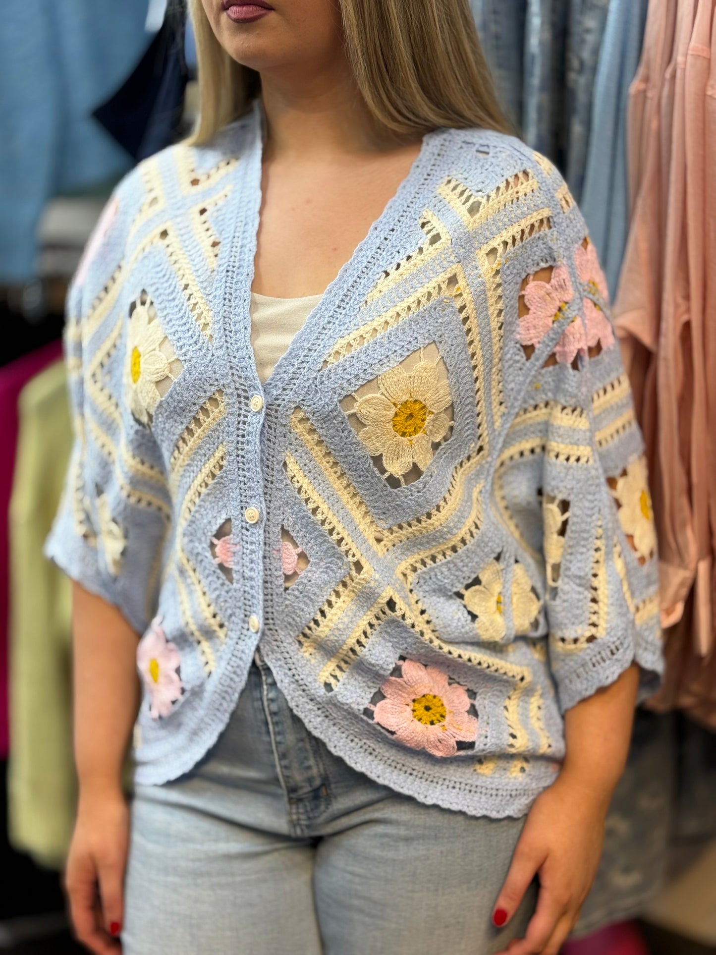 LARA-O/S CROCHET DAISY KNIT SHRUG #SunshineSALE