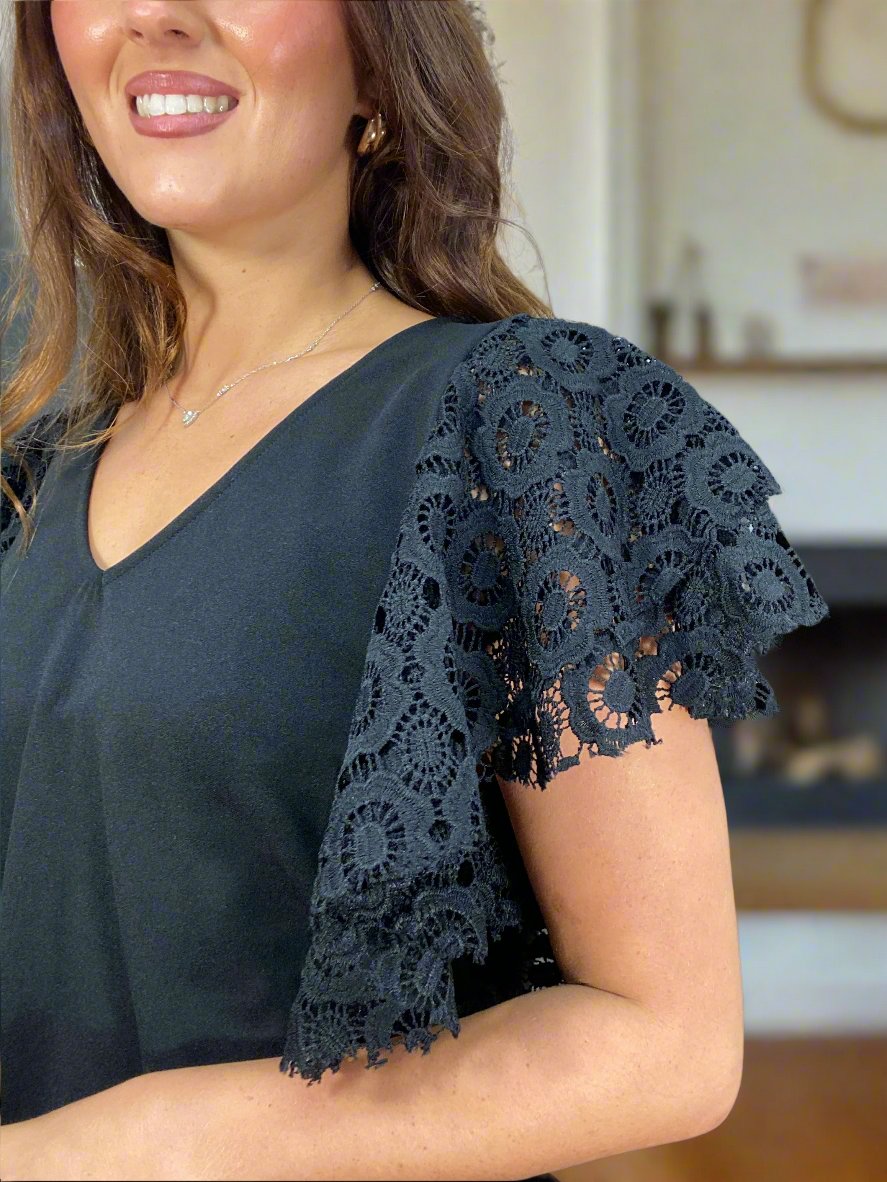 MALISSAJ-V NECK TOP WITH BRODERIE SLEEVE- #BlackFridaySale