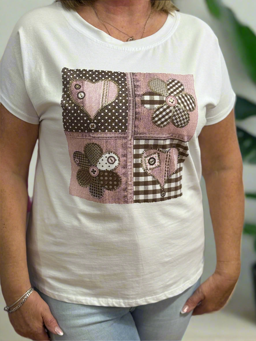 CALIPSO-PATCH HEARTS & FLOWER TEE