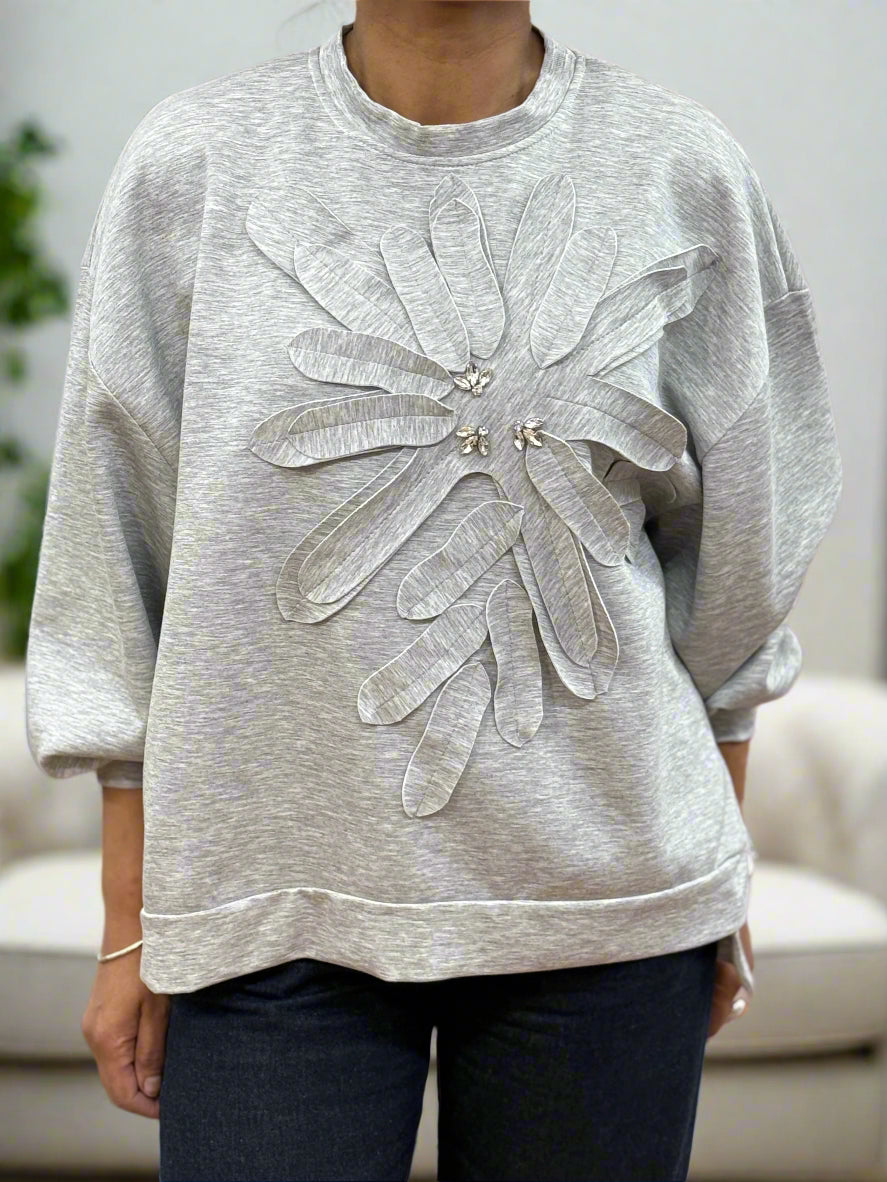 LARGE FLOWER DIAMANTE SWEAT TOP