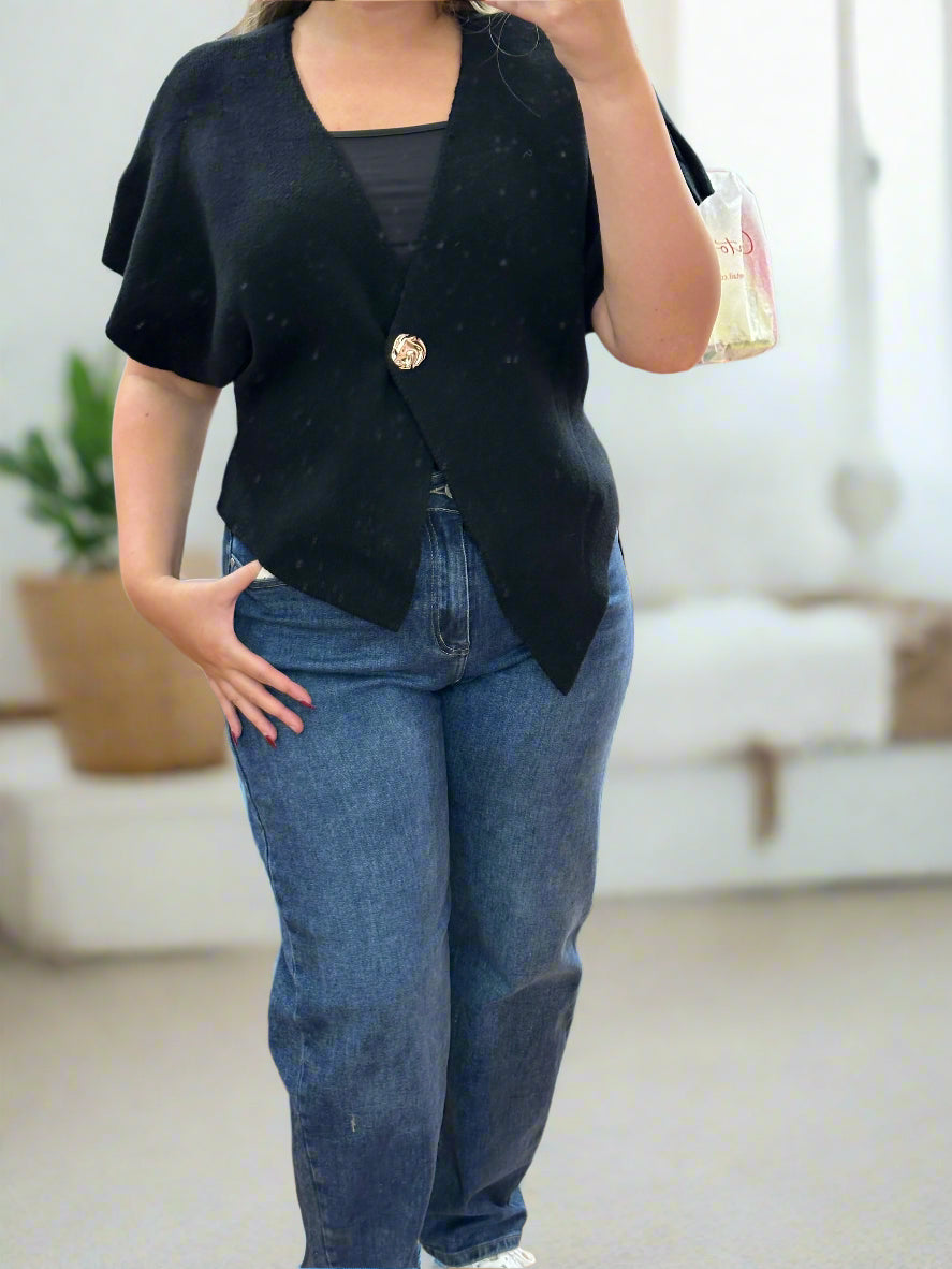 NIA-ASSTMETRIC 1 BUTTON SHRUG KNIT