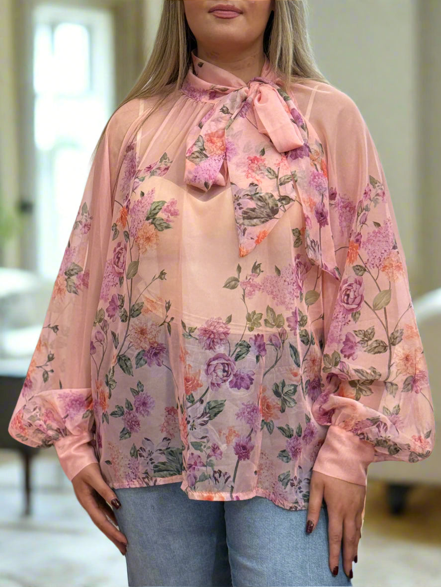 STORM - TIE NECK PRINTED SHEER TOP