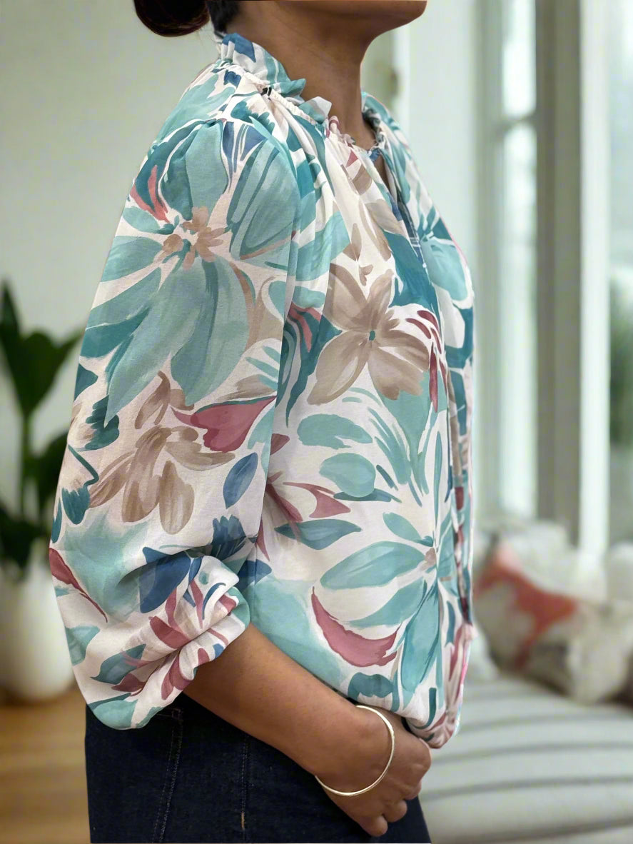 LACEY-FRILL NECK TIE PRINT TOP