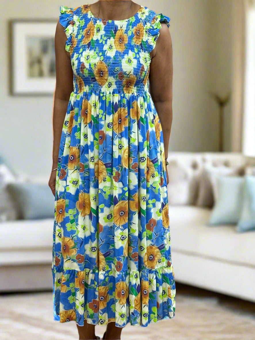 KASEY-PRINTED ROUCHED TOP MIDI DRESS