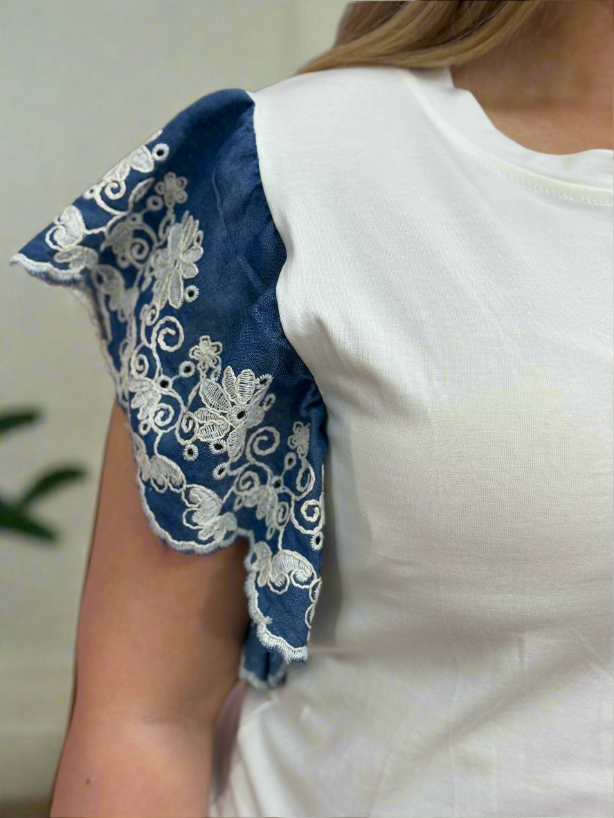 ASHTON FRILL SHOULDER TEES-DENIM EMB - #LAST 1 LEFT