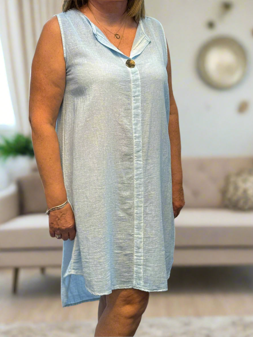 VIV- ONE BUTTON S/L LINEN DRESS
