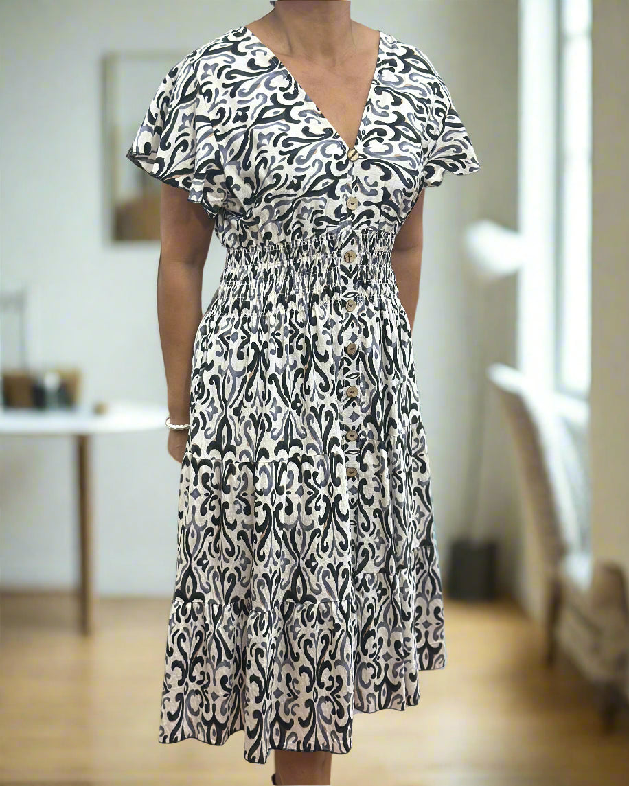 KEELY-BUTTON DETAIL PRINT MIDI DRESS -