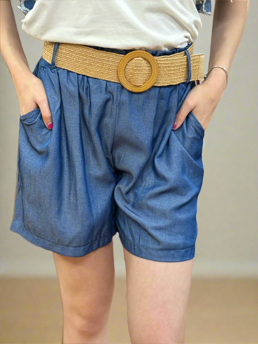 SAFFIE-BELTED DENIM LOOK SHORT