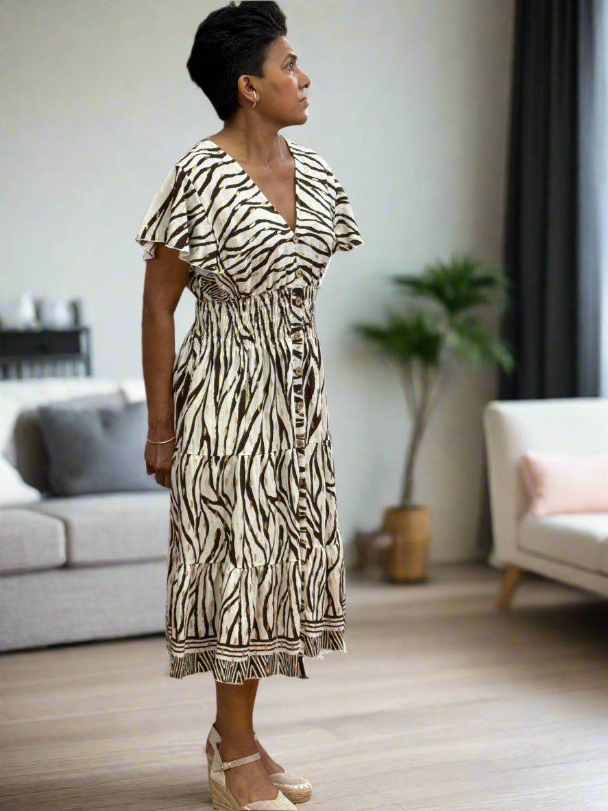 KEELY-BUTTON DETAIL PRINT MIDI DRESS