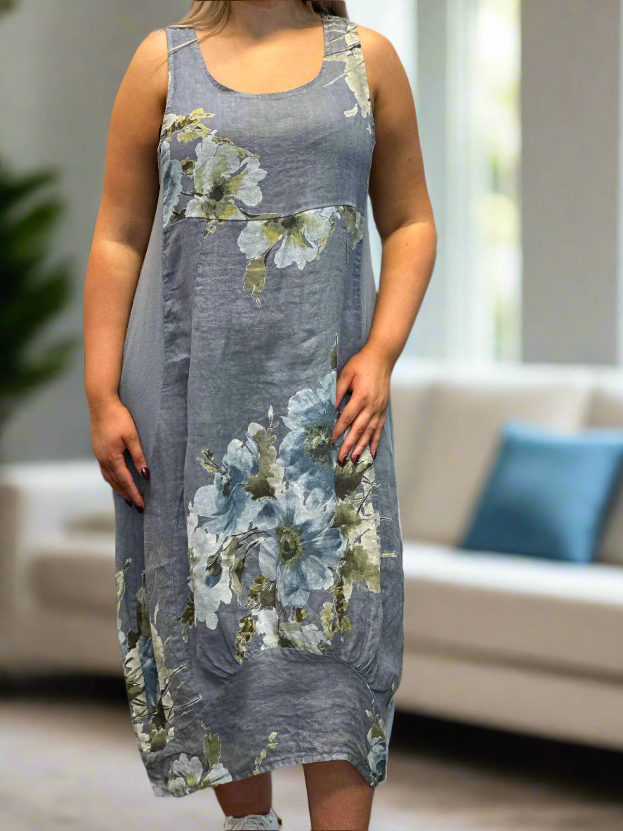 LINO-GWEN FLOWER RIB SIDES LINEN DRESS-