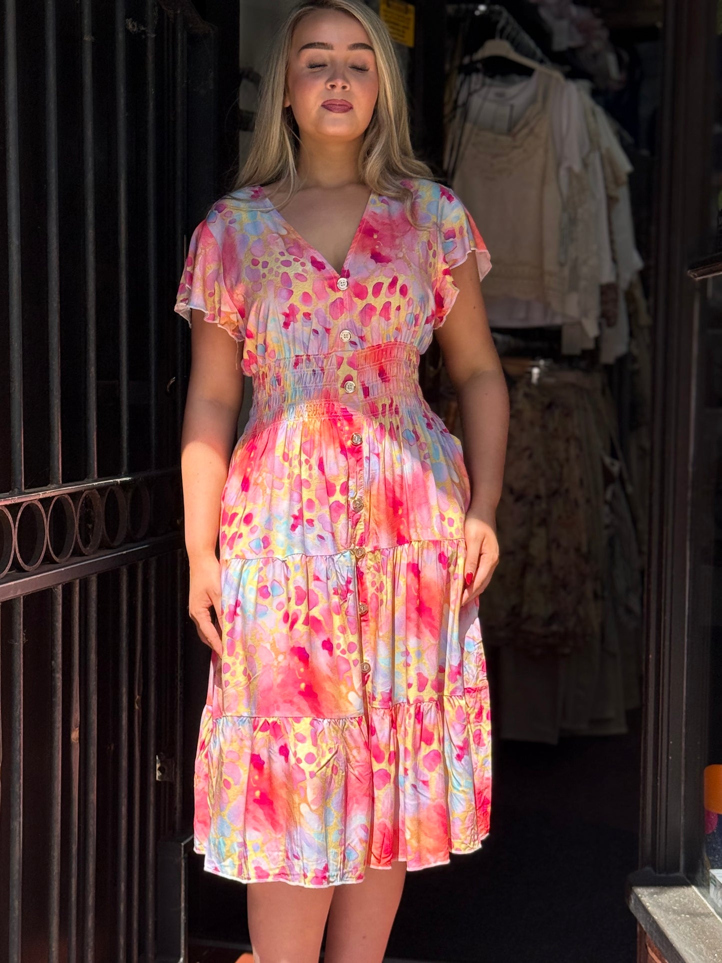KATIE - GOLD BUTTON MIDI V NECK DRESS