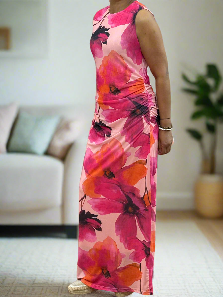 JULIA MESH RUCHED FLORAL DRESS