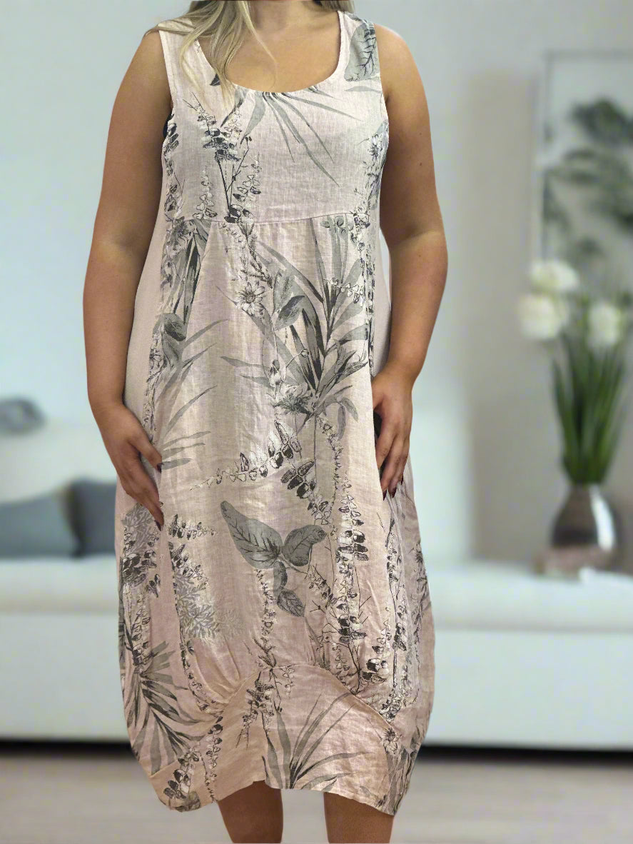 LINO-HOPE RIB SIDE LEAF LINEN DRESS-