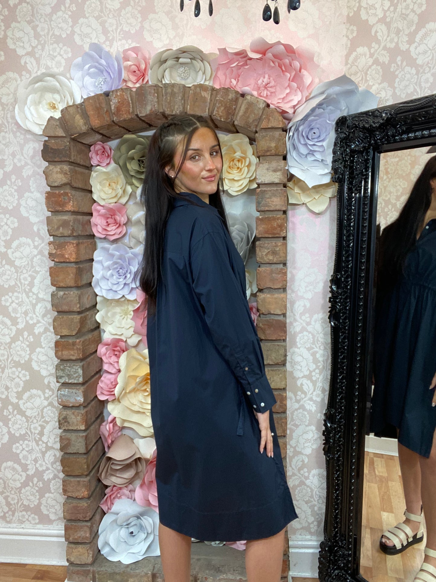 FRENCH CONNECTION RHODES RUCHED WAIST SHIRT DRESS- NAVY -#LAST 1 LEFT