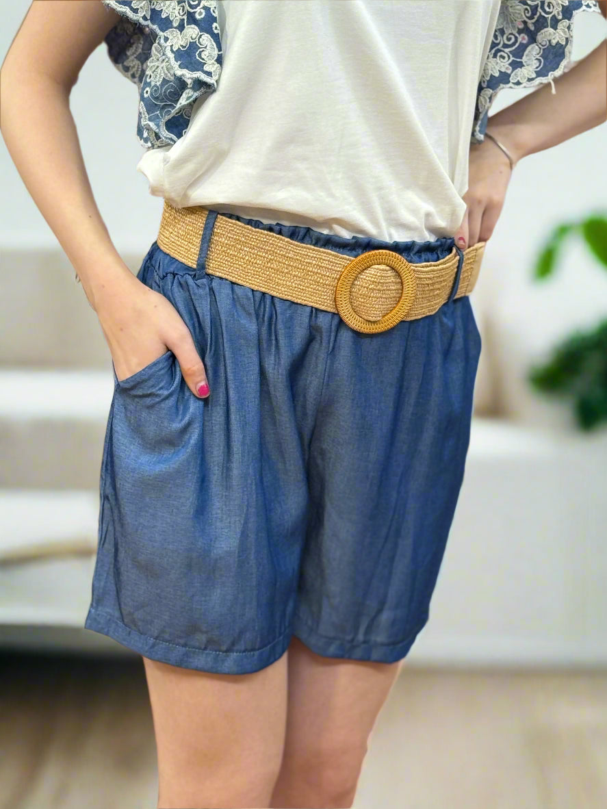 SAFFIE-BELTED DENIM LOOK SHORT